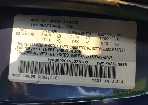 2002 Mazda 626 Lx z USA, uszkodzony, nr VIN 1YVGF22C125278180